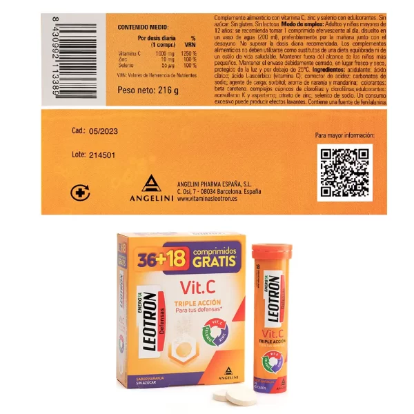 LEOTRON VITAMIN C αναβράζοντα δισκία τριπλής δράσης 36 + 18 as a gift #Orange 54 u - NVA2113389