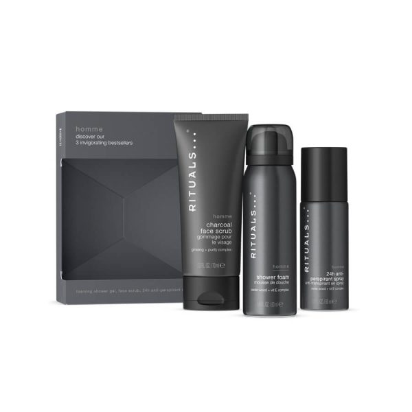 Rituals Homme Trial Set Shower Foam 50ml/24h Anti-Perspirant Spray 50ml/Charcoal Face Scrub 70ml set x 170 ml - PARC-RI-769-02