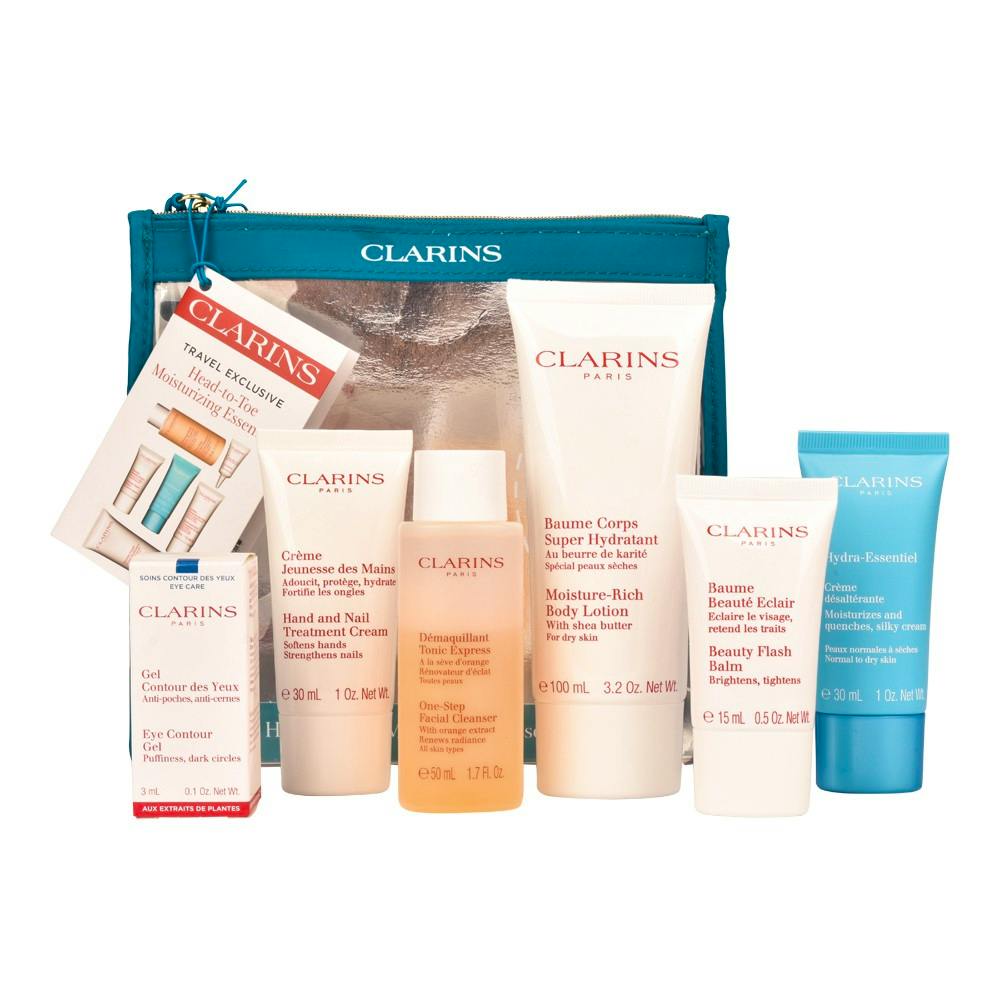 3666057332760 Clarins Head-To-Toe Moisturizing Essentials Set Lotion 100ml/ Cream 30ml/Cleanser 50ml/Balm 15ml/Cream 30ml/Gel 3ml/Bag set x 228 ml - PARB-26-275-00