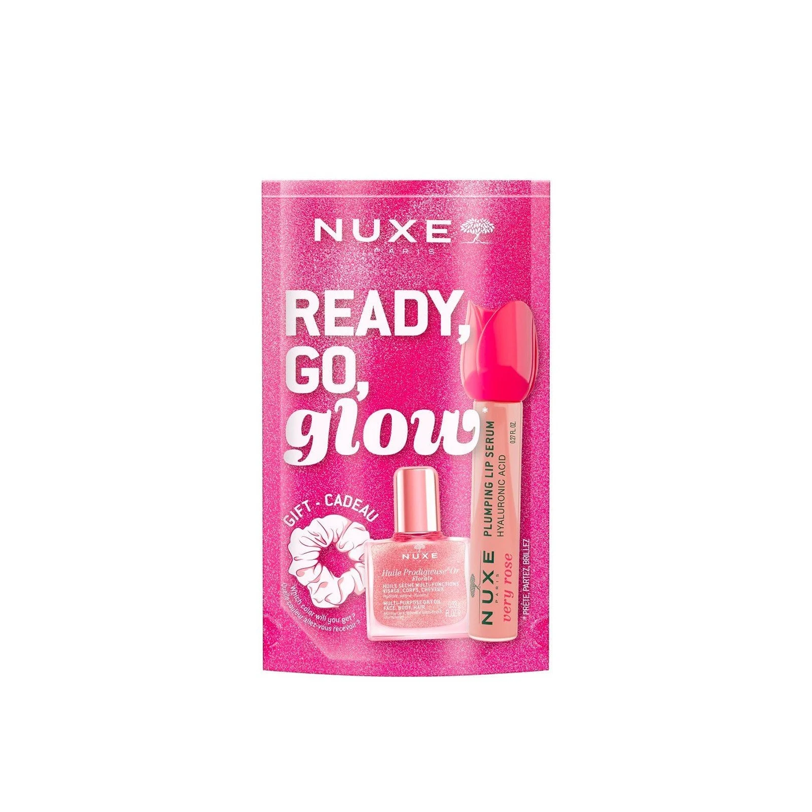 3264680048142 Nuxe Ready, Go, Glow Pink Set Lip Volume Serum 8ml/Dry Oil 10ml/Scrunchie set x 18 ml - PARB-29-222-00