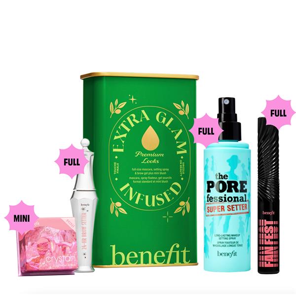 Benefit Extra Glam Infused Giftset Porefessional Super Setter Spray 120ml/Fan Fest Mascara 8.5g/24hrBrowSetter 7ml/Crystah BOP Bronzer and Blush 2.5g   set x 138 ml