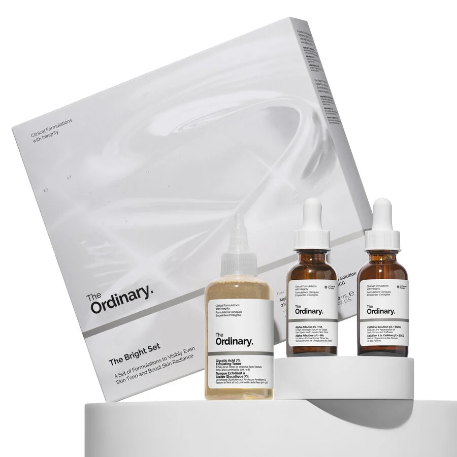 The Ordinary The Bright Set Glycolic Acid 7% Exfoliating Toner 100ml/Alpha Arbutin 2% + HA 30ml/Caffeine Solution 5% 30ml   set x 160 ml