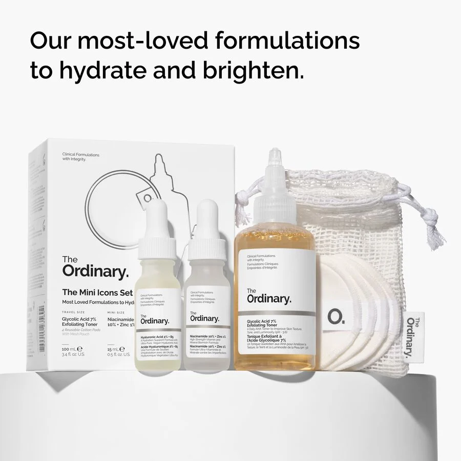 The Ordinary The Mini Icons SetSqualane Cleanser 50?ml/Exfoliating Toner 100?ml/Niacinamide 15ml/Hyaluronic Acid 15ml/ Caffeine Solution EGCG 15ml/Moisturizing 30ml/Reusable Cotton Pads   set x 225 ml