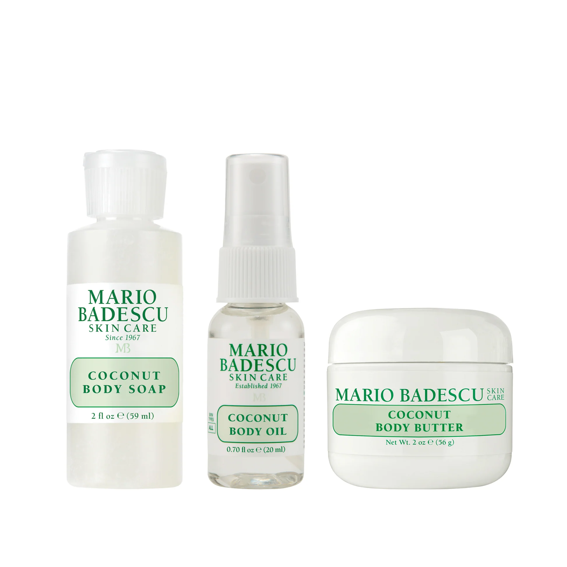 Mario Badescu Coconut Body Travel Trio SetHydrating Shower Gel 59ml/Intense Hydrating Body Butter 56g/Nourishing Body Oil Spray 20ml   set x 135 ml