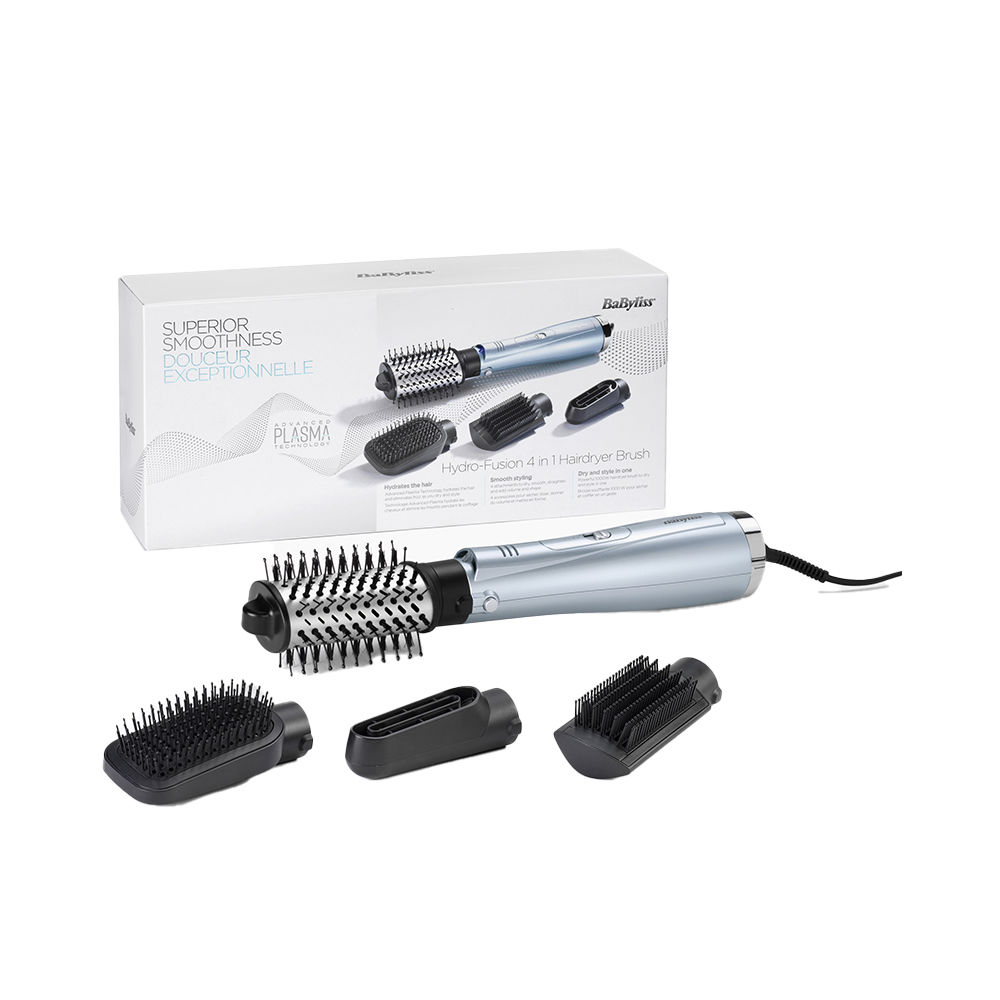 BaByliss Hydro Fusion Smooth & Shape Hot Air Brush with 4 Attachments for Blow Drying, Straightening, Volume and Brushing, Dual Ion Technology with Anti-Frizz Effect AS774E, Ice Blue