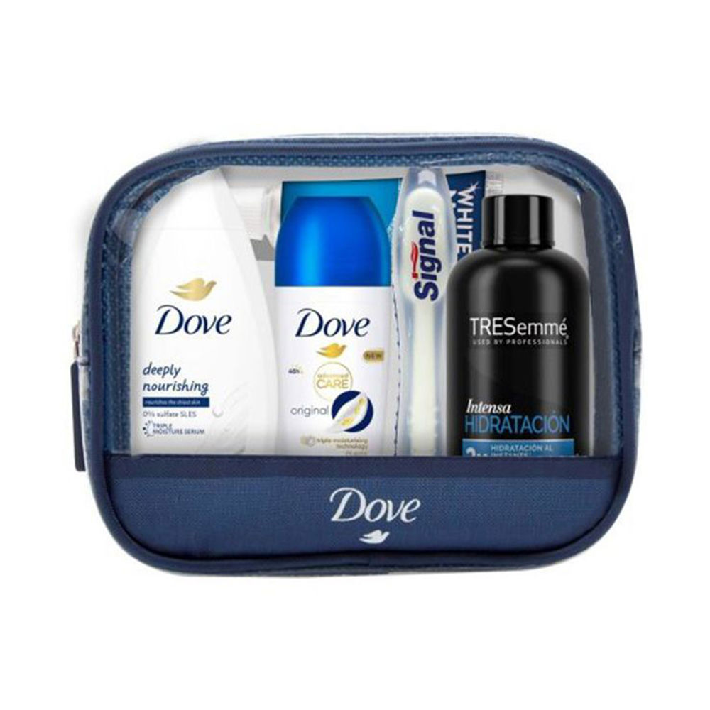 DOVE TRAVEL TOILETRY BAG CASE 5 pcs Tresemmé Intense Hydration Shampoo 100ml + Dove Shower Gel 55ml + Signal Foldable Toothbrush + Dove Original Roll On Antiperspirant 50ml + Signal White Now Toothpaste 16ml