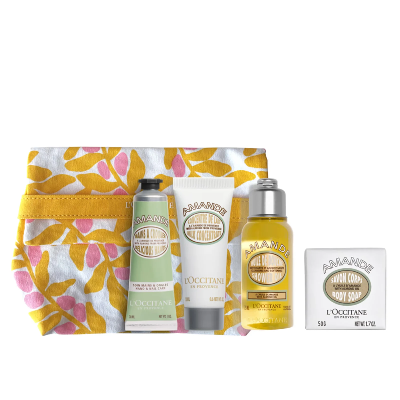 L'Occitane The Sweet Almond Giftset Hands & Nail Care 30ml/Shower Oil 75ml/Milk Concentrate 20ml/Delicious Soap 50g/Pouch x1   set x 175 ml