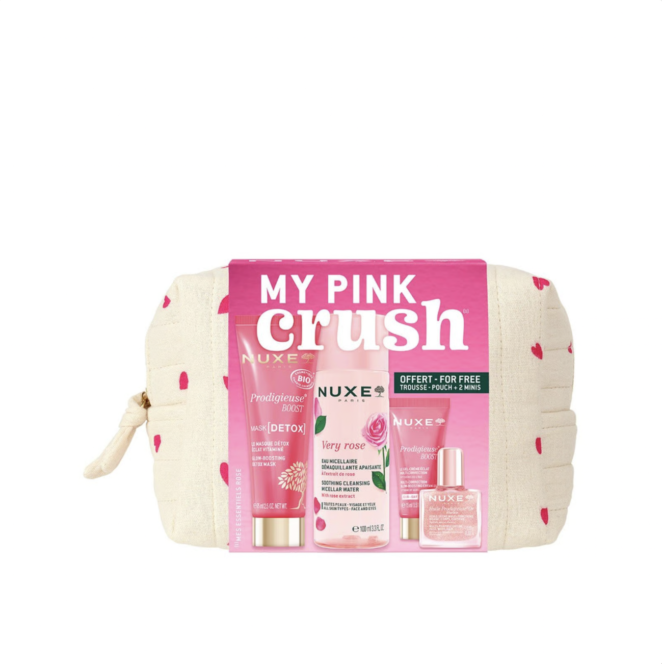Nuxe Pink Crush 2025 Travel Kit Micellar Water 100ml/Mask 75ml/Gel-Cream 15ml/Oil 10ml   set x 210 ml