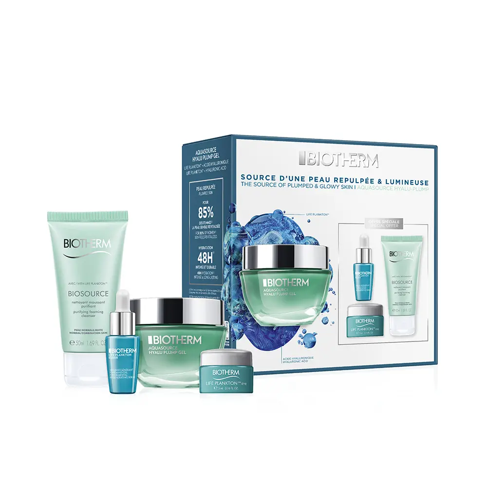 Biotherm Aquasource Hyalu Plump Gel Lot 4 Pcs Moisturizing Gel 15 Ml + Serum 7 Ml + Body Milk 40 Ml + Cleansing Gel 20 Ml
