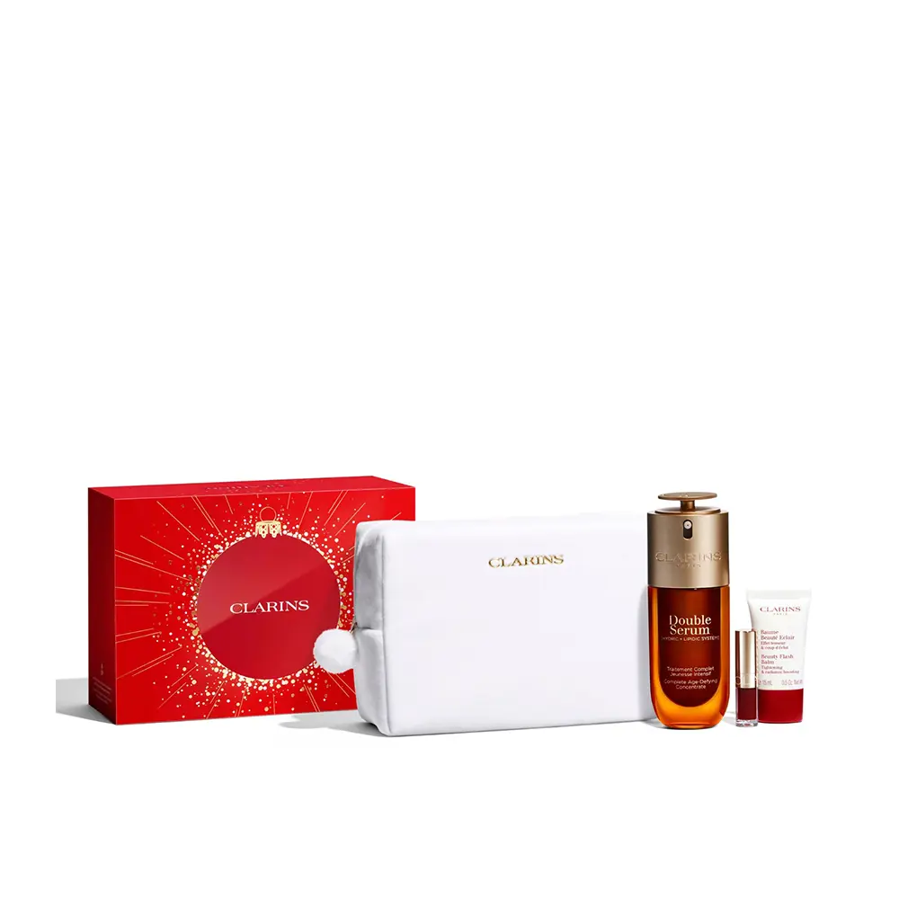 CLARINS DOUBLE SERUM set 4 pcs Double serum 50 ml + Facial balm 14 ml + Lip oil 1.4 ml + Toiletry bag