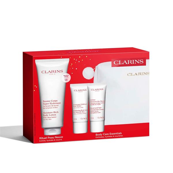 Clarins Baume SetMoisture Rich Body Lotion 200 ml / Exfoliating Body Scrub 30 ml / Hand and Nail Treatment Cream 30 ml /Large Pouch  set x 260 ml