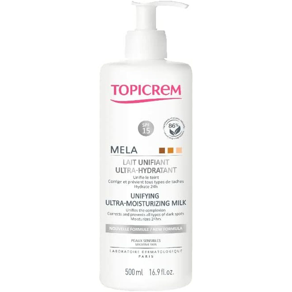 TOPICREM MELA ultra-moisturizing unifying body milk SPF15+ 500 ml
