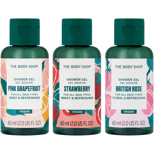 The Body Shop G1 Shower Gel Trio Set Pink Grapefruit Shower Gel 60ml/Strawberry Shower Gel 60ml/British Rose Shower Gel 60ml   set x 180 ml