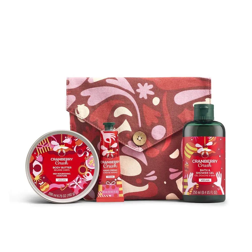 THE BODY SHOP ESSENTIALS CRANBERRY CASE 4 pcs Body butter 200ml + hand cream 30ml + shower gel 250ml + toiletry bag