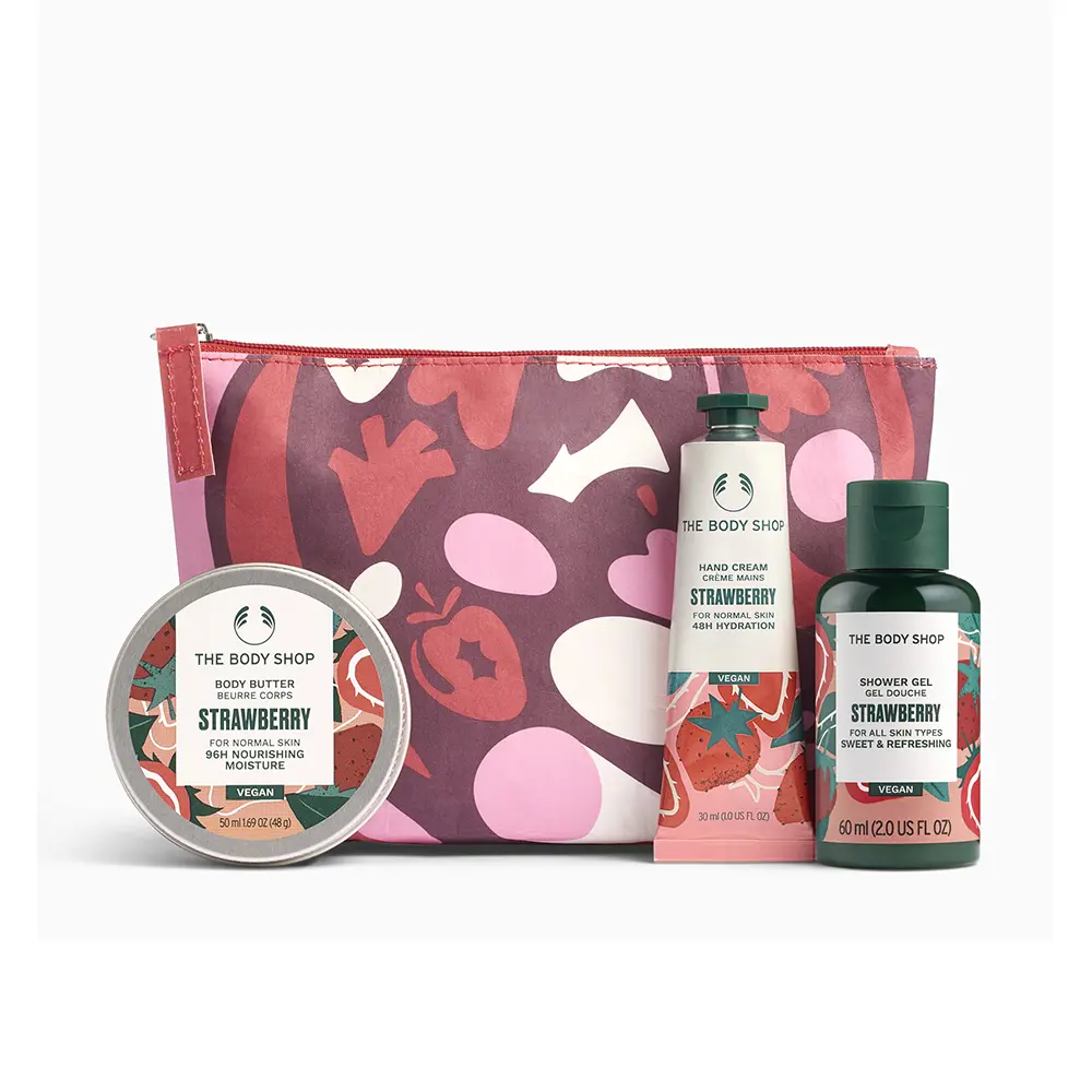 THE BODY SHOP MINI STRAWBERRY SET 4 pcs Body butter 50ml + hand balm 30ml + shower gel 60ml + toiletry bag