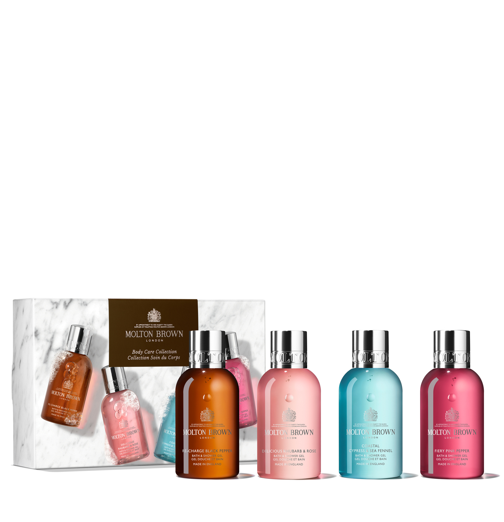 Molton Brown Woody & Floral Mini Travel SetRecharge Black Pepper Shower Gel 100ml/Delicious Rhubarb & Rose Shower Gel 100ml/Coastal Cypress & Sea Fennel Shower Gel 100ml/Fiery Pink Pepper Shower Gel 100ml   set x 400 ml