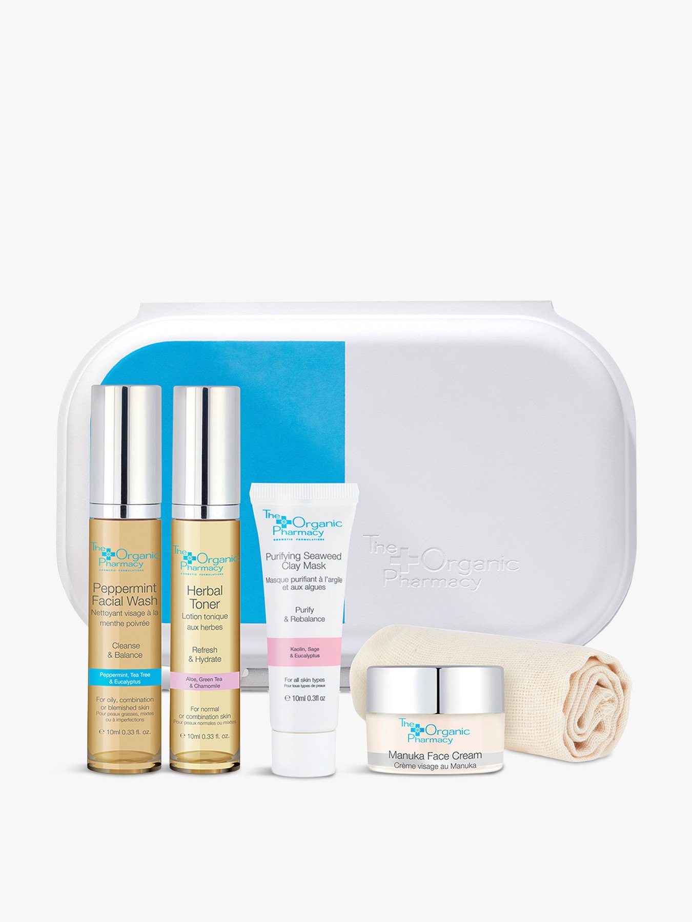 The Organic Pharmacy Clear Skincare Set Face Wash 10ml/Clay Mask 10ml/Face Cream 10ml/Toner 10ml/Cloth   set x 40 ml
