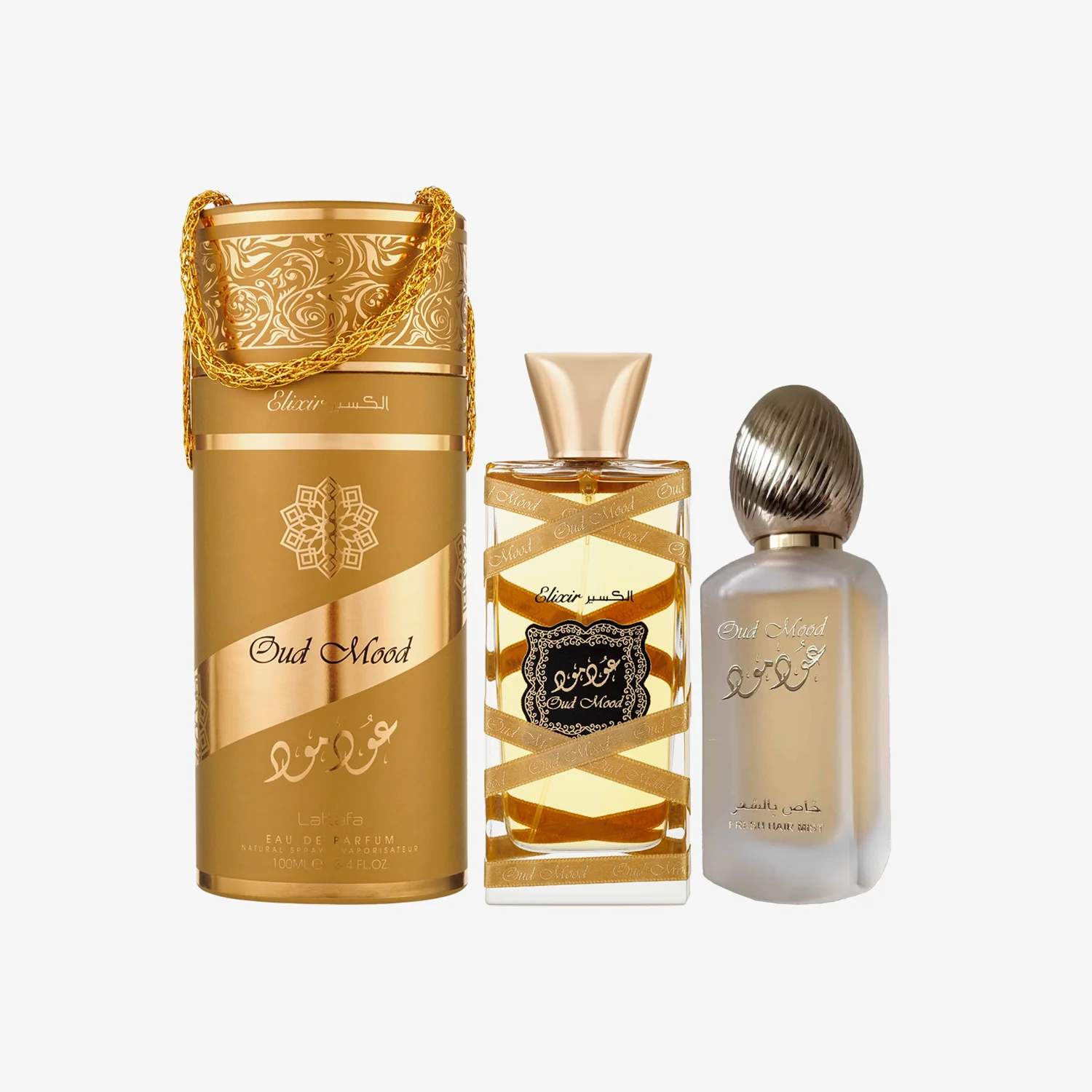 Lattafa Oud Mood Elixir Giftset Edp Spray 100ml/Hair Mist 50ml/Deo Spray 200ml   set x 350 ml