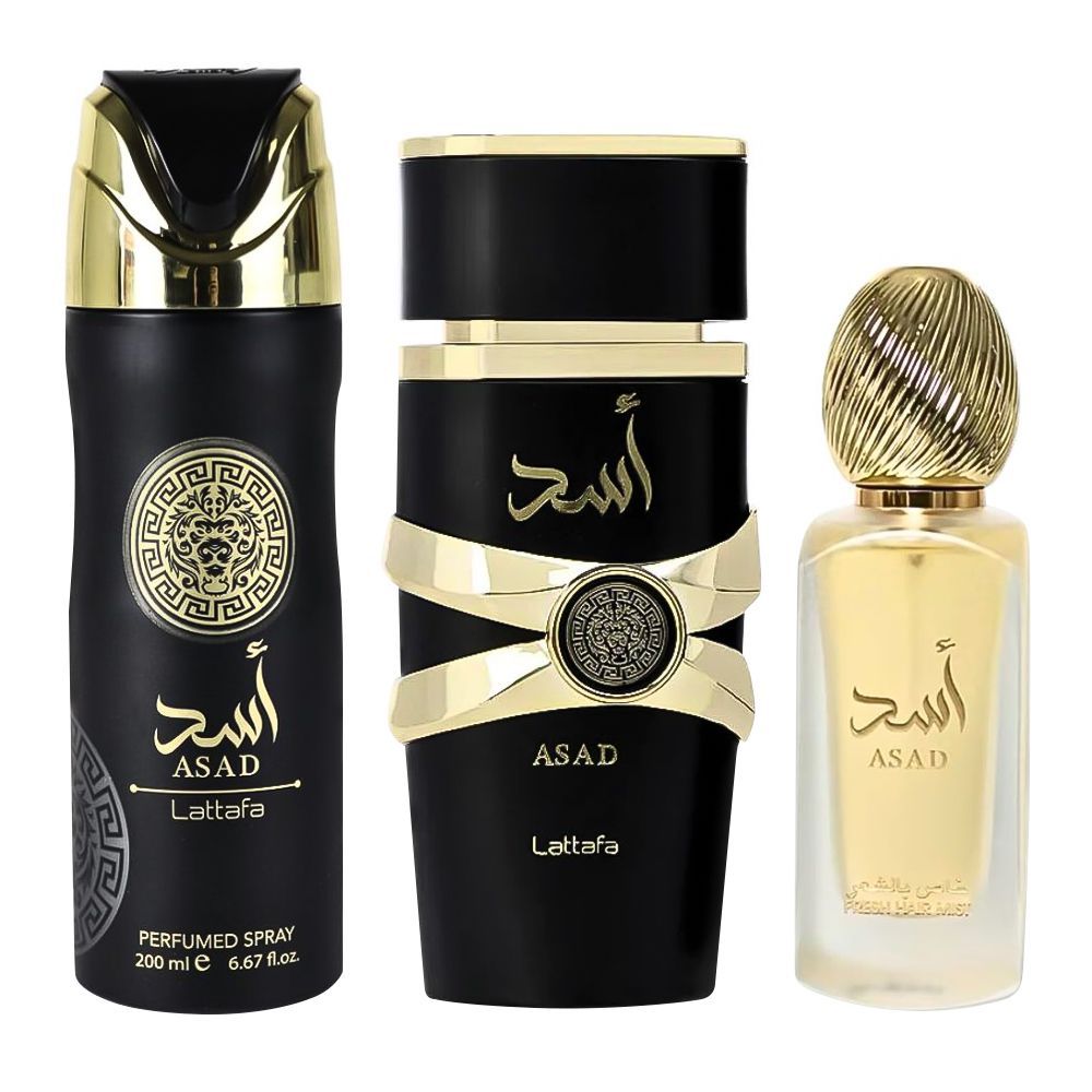 Latafa Asad Giftset Edp Spray 100ml/Deo Spray 200ml/Air Freshener 300ml   set x 600 ml