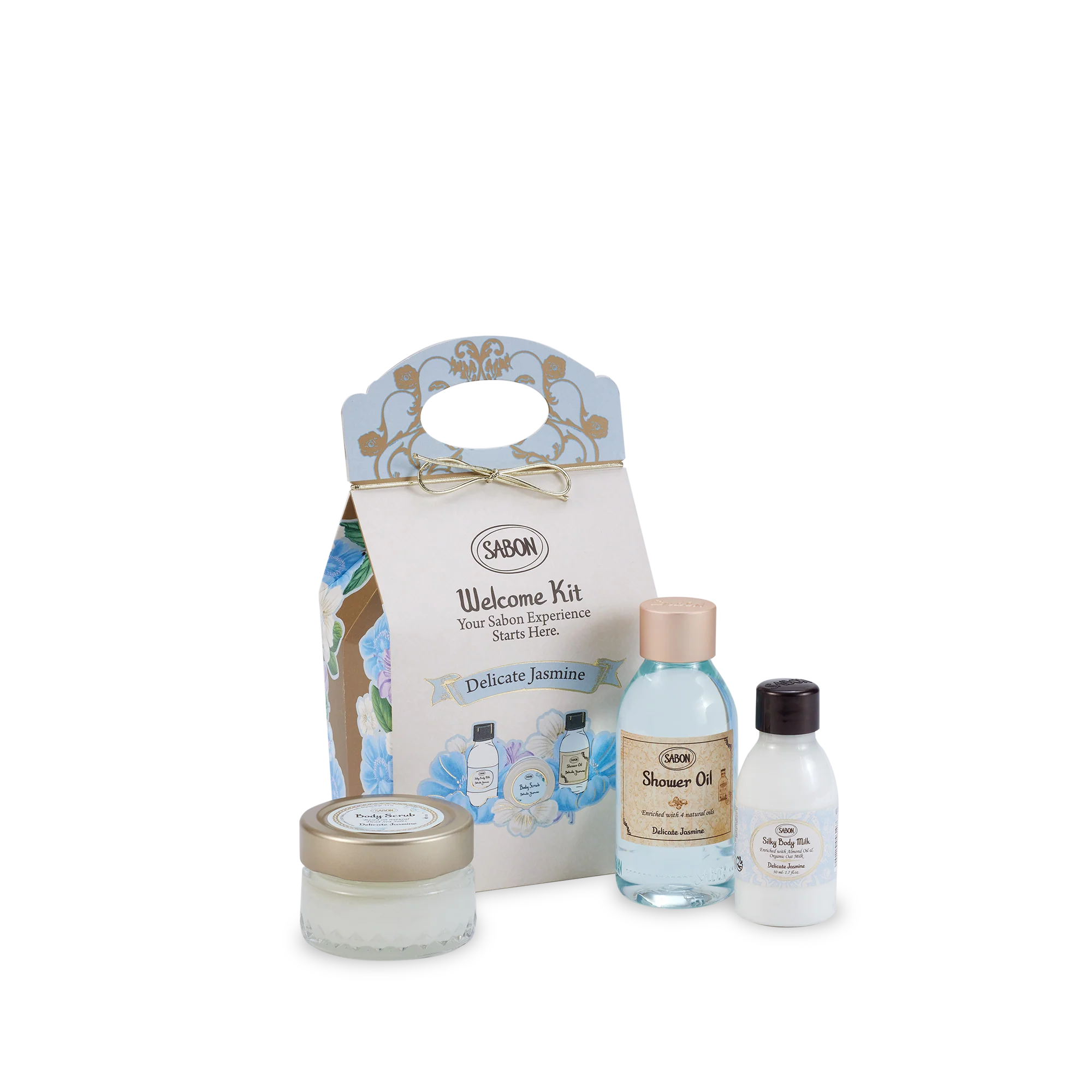 SABON WELCOME JASMINE 3-piece CASE shower oil + silky body milk + Body Scrub 320 gr