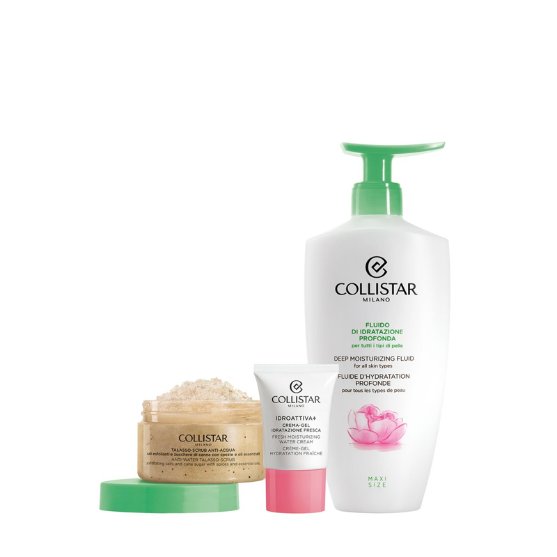 Collistar Corpo SetDeep Hydration Fluid 400 ml / Thalasso Anti-Aqua Scrub 150 g / Mini Idroattiva Gel Cream 15 ml   set x 565 ml