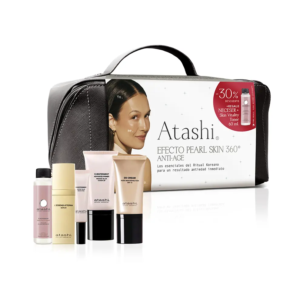 ATASHI RITUAL PEARL SKIN EFFECT 360 TOILETRY BAG 6 pcs CASE Facial serum 30ml + Eye contour cream 15ml + Primer 50ml + Toner 60ml + DD cream 50ml