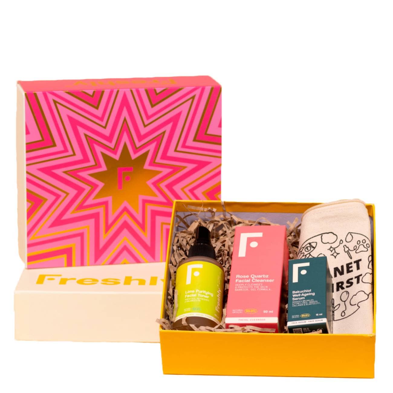 Freshly Vitamin C Essential RoutineLime Purifying Facial Toner 100ml/Rose Quartz Facial Cleanser 50ml/Minitalla  Vitamin C Concentrate Serum 15ml   set x 165 ml