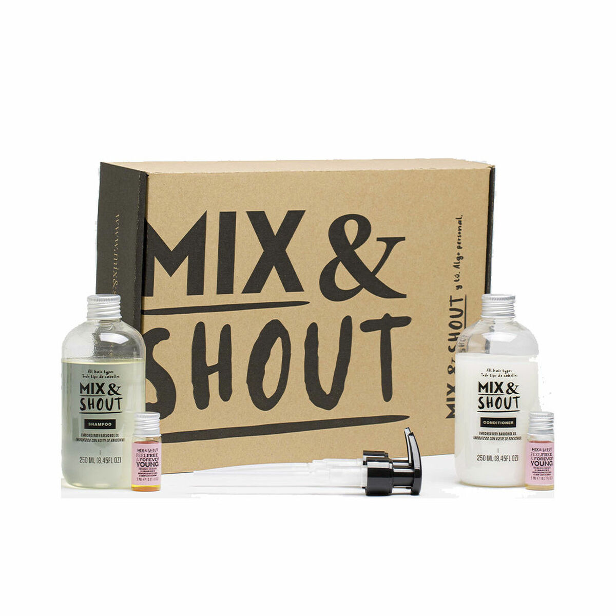 MIX & SHOUT STRENGTHENING ROUTINE LOT 4 pcs All hair types shampoo 250 ml + ALL HAIR TYPES conditioner 250 ml + 2 Feel Free & Forever Young boosters 5 ml + 2 dispensers