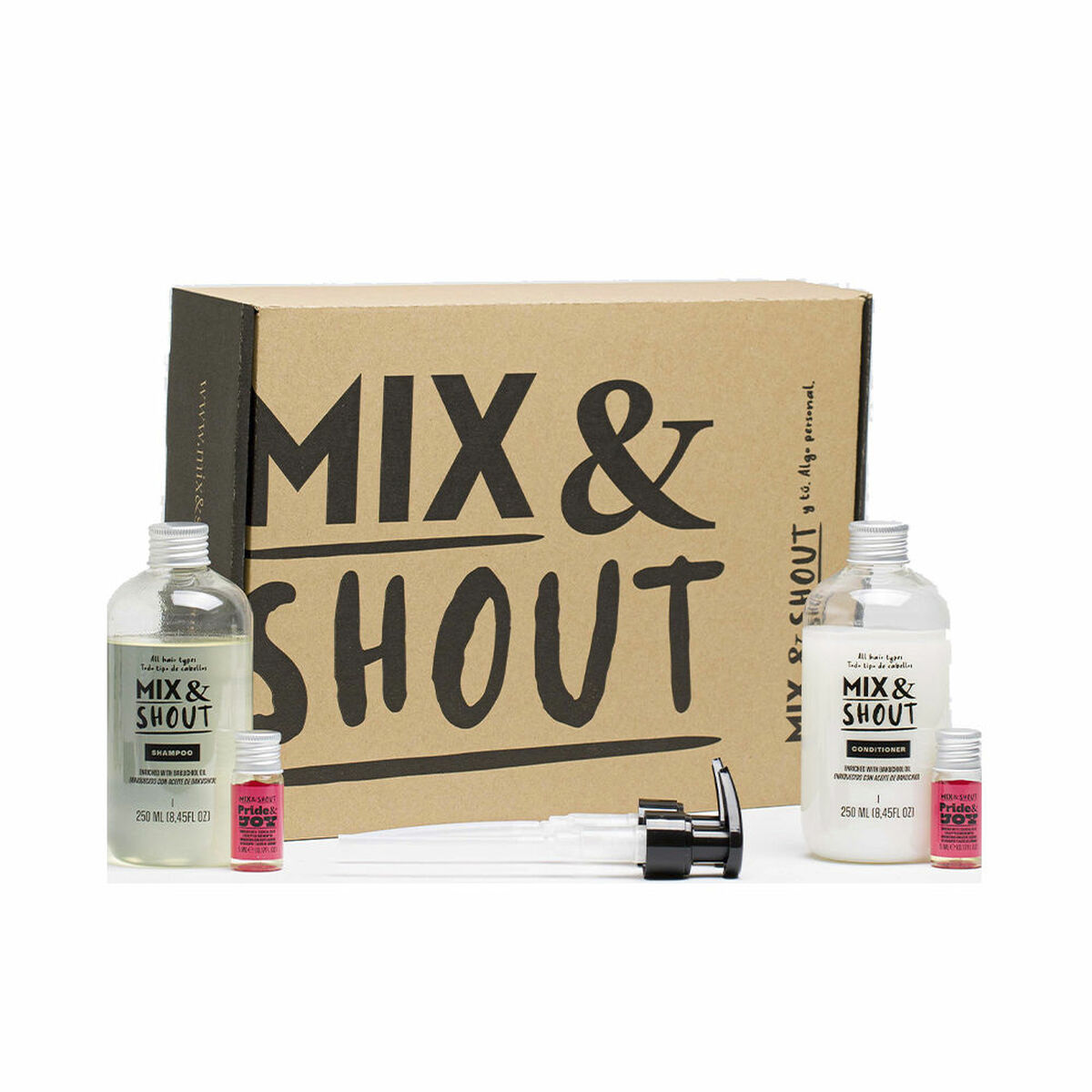 MIX & SHOUT ROUTINE PROTECTOR LOT 4 pcs All hair types shampoo 250 ml + ALL HAIR TYPES conditioner 250 ml + 2 Pride & Joy boosters 5 ml + 2 dispensers