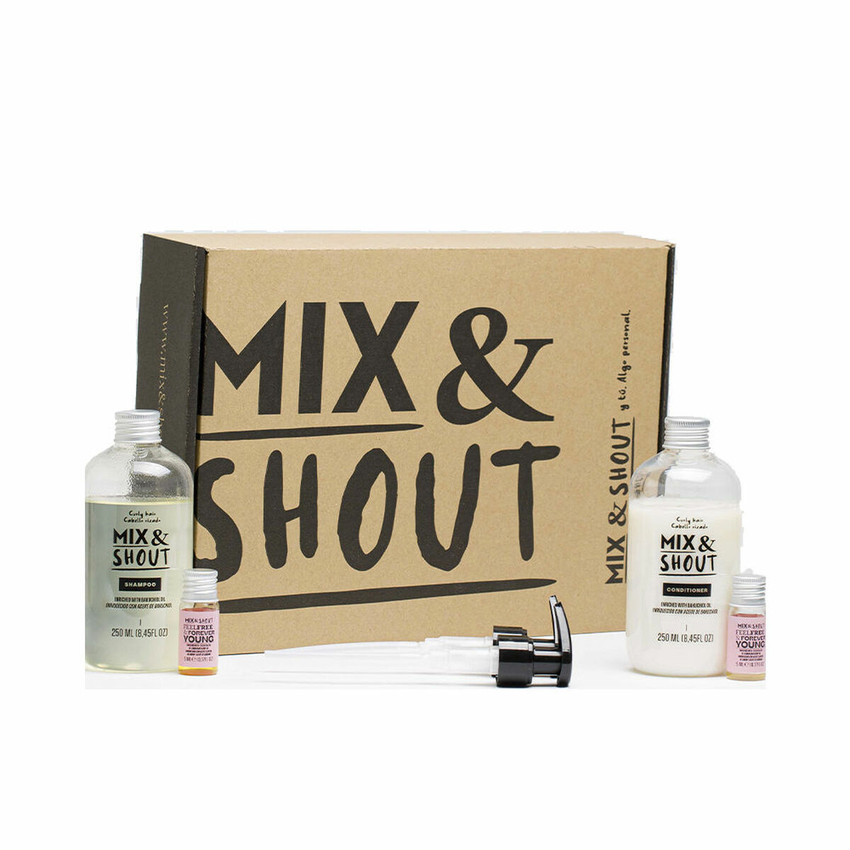 MIX & SHOUT CURLY STRENGTHENING ROUTINE LOT 4 pcs Curly hair shampoo 250 ml + Curly hair conditioner 250 ml + 2 Feel Free & Forever Young boosters 5 ml + 2 dispensers