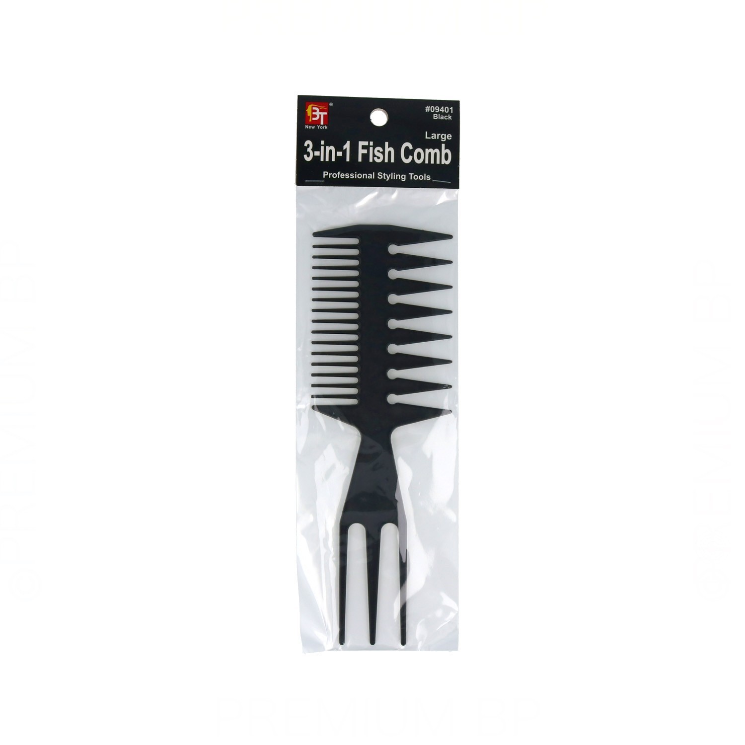 BEAUTY TOWN HAIR COMB PROFESSIONAL 3-IN-1 FISH COMB LARGE BLACK (09401)