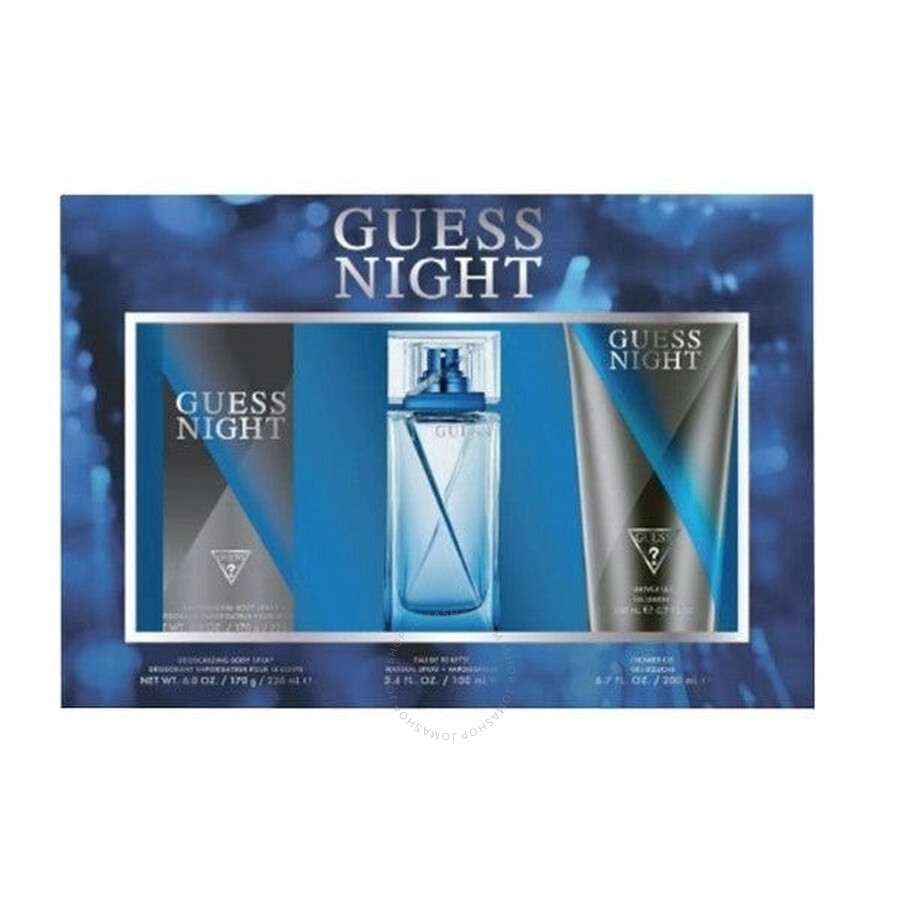 Guess Night for Men - 3 Pc Gift Set 100ml EDT Spray, 170gr Deodorizing Body Spray, 200ml Shower Gel