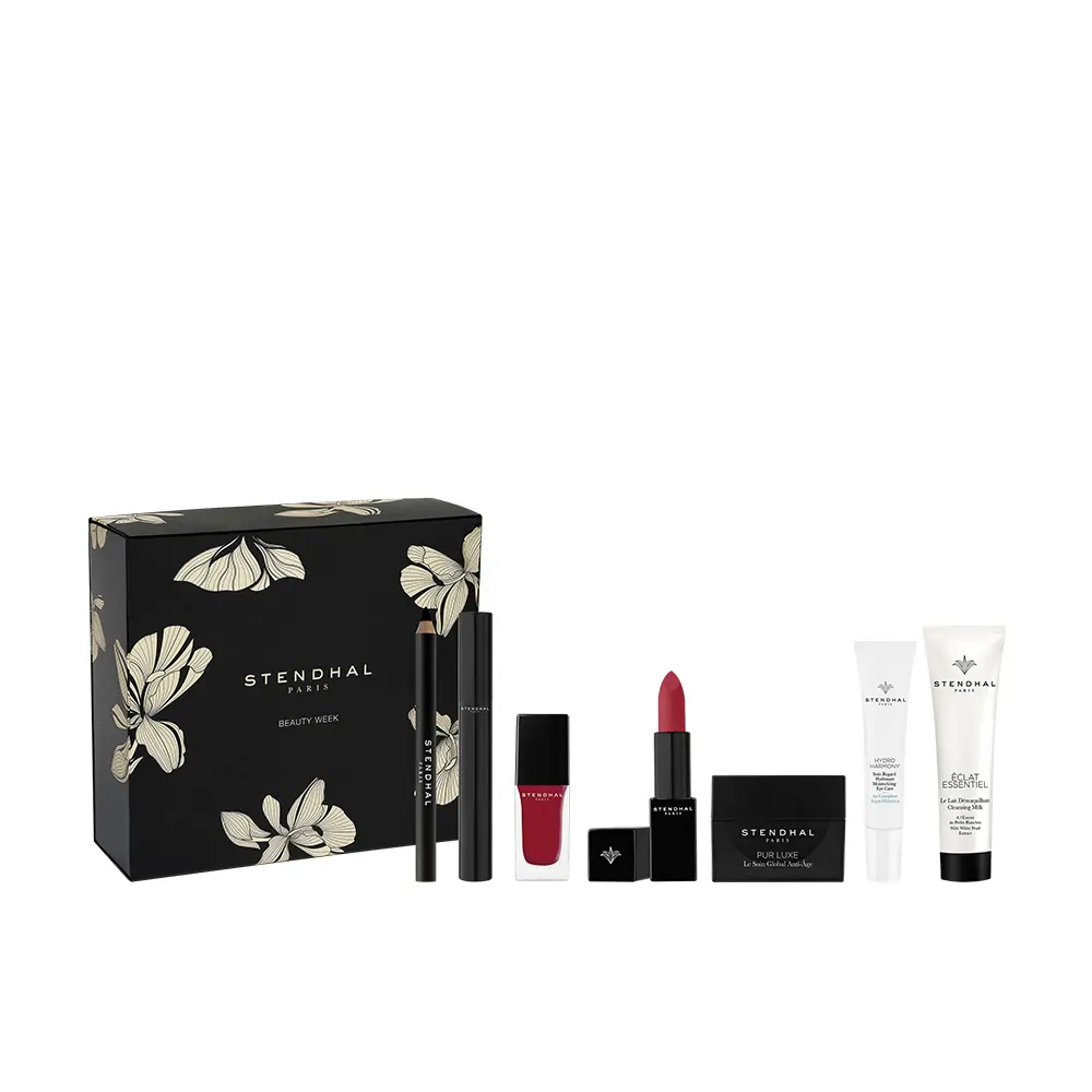 3355996052517.webp STENDHAL PARIS BEAUTY WEEK BOX 7 pc CASE Nail polish #200-Rouge 8 ml + Mascara #010-Noir 8.5 ml + Matte lipstick #100-Rouge Originel 3.8 g + Eyeliner #310-Carbone 1.14 g + Eye contour cream 15 ml + Anti-aging treatment 10 ml + Makeup remover milk 30 ml - Image 1
