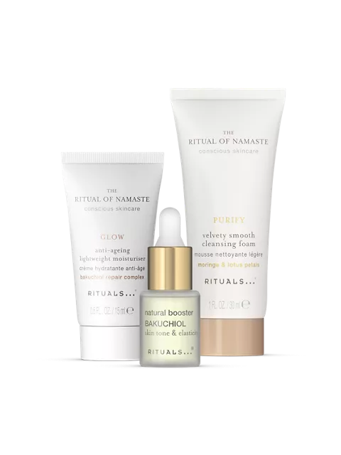 8719134205817.webp Rituals Namaste Set Velvety Smooth Cleansing Foam 30ml/Anti-Ageing Lightweight Moisturiser 15ml/Bakuchiol Natural Booster 6,5ml set x 51 ml - Image 1