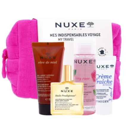 Nuxe Travel Set Very Rose Micellar Water 50 ml/Prodigieuse Boost Cream-Gel 10 ml/Reve De Miel Cleansing Gel 30ml/Creme Fraiche Cream 15ml/Pouch